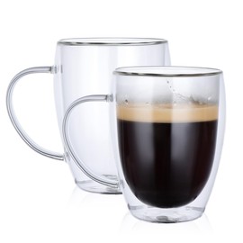 ALXBSONE Double Walled Glass 2 Pack 12oz Coffee Mugs with Handle, Perfect for Espresso Latte Milk and Other Hot Cold Beverages, Lightweight(350ml)