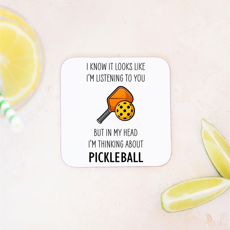 Thinking About Pickleball Wooden Drinks Coaster Mat Gift