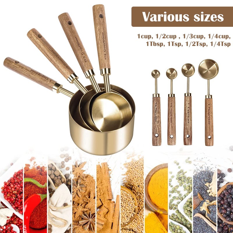 Measure Cup and Spoon Set,Gold Measuring Cup Spoon Set,Wooden Handle
