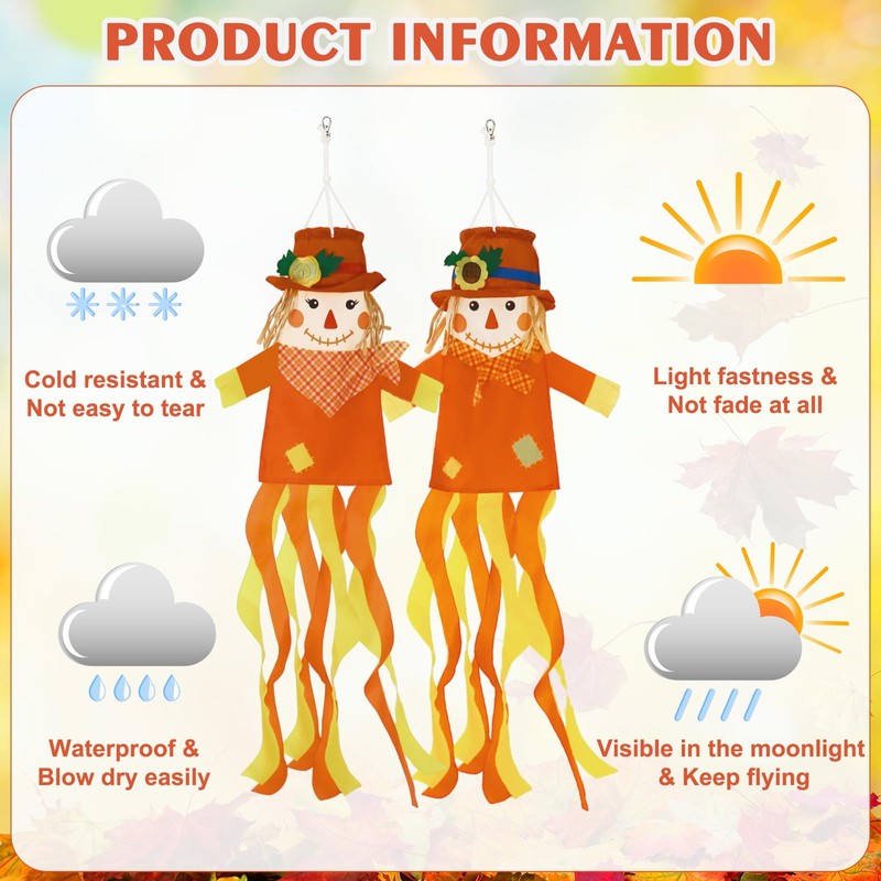 NOVWANG 2 Pcs Fall Scarecrows Windsocks, 40 Inch Outdoor Autumn