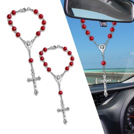 QZTYTY 2PCS Car Rosary for Rearview Mirror, Rear View Mirror Accessories, Car Rear View Mirror Charm Auto Decors, Universal Elegant Cross for Car Mirror Car Accessories for Women (K2-Red)