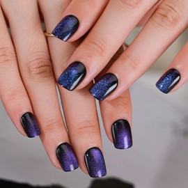 Press on Nails Short Square MAOTTIE Blue Discoloration Cat Eye False Nails UV Finish Fake Nails Gel Glitter Reusable Glue on Nails Short for Women 12 Size-24 Pcs