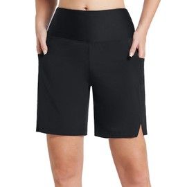 BALEAF Women's Long Knee-Length Quick-Drying Swimming Trunks UV Protection UPF 50+ Swimming Trunks High Waist Board Shorts with Inner Briefs and Pockets, black