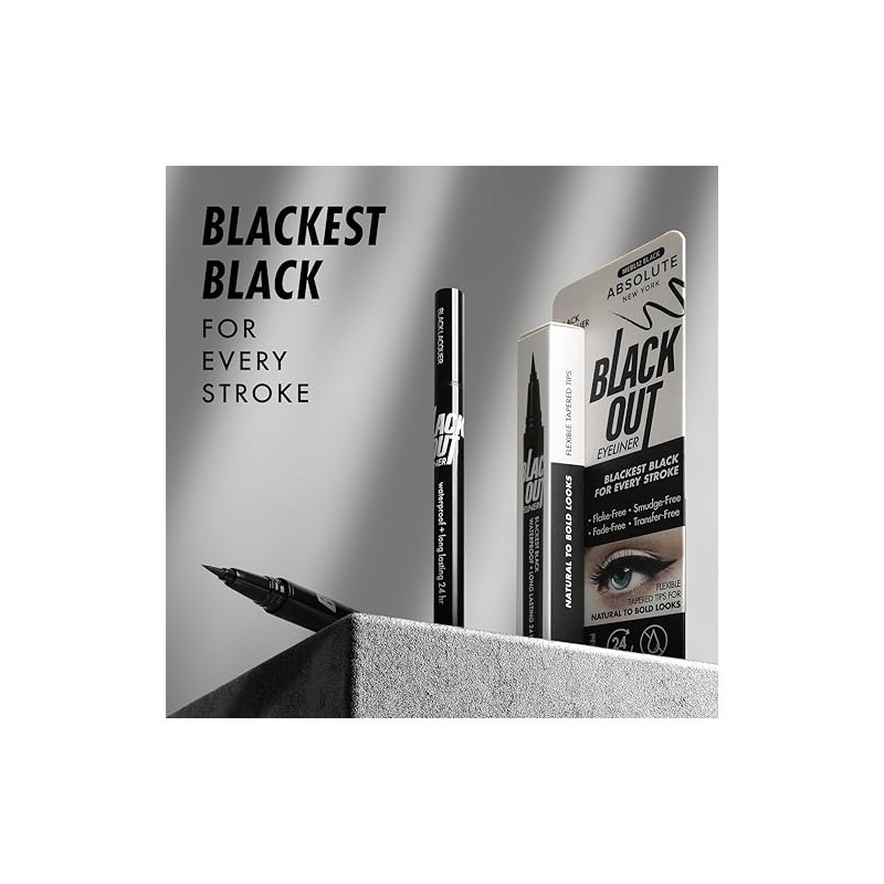Absolute New York MEBL12 Black Out Eyeliner, Flexible Tapered Tip,