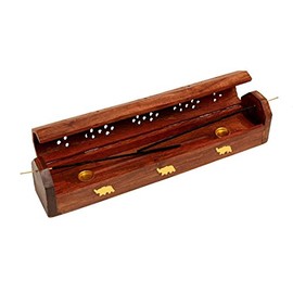 Zap Impex ® Wooden Coffin Incense Burner -Vines 12", Brass Inlays, Storage Compartment