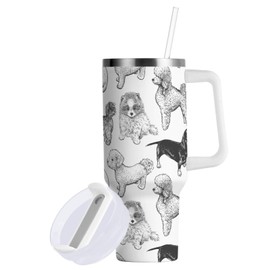 YNNALE 40 oz Tumbler with Straw & Handle - 2 in 1 Lids Leak Proof Tumblers - Large Insulated Stainless Steel Cup - BPA-Free Water Bottle Travel Metal Mug for Women Man,Cute Dogs Poodle Dachshund