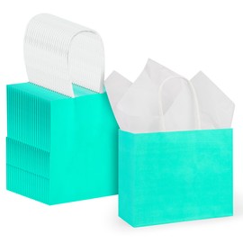 DjinnGlory 24 Pack Mini Tiny Teal Paper Gift Bags (Turquoise Aqua Blue) with White Tissue Paper for Summer Pool Party Supplies, Small Merchandises, 6x5x2.5 Inch