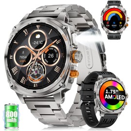 FOXBOX 1,75 Zoll AMOLED Gebogenem Touchscreen Smartwatch Herren, Militär Smart Watch mit LED-Taschenlampe für Android iOS, IP68 Wasserdicht, 800mAh, 200+ Ziffernblätter, 110+ Sportmodi, Silber