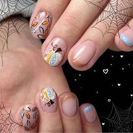 24 Pcs Short Square Press on Nails Thanksgiving Fake Nails with Leaf Pumpkin Designs Nude Pink False Nails French Press ons Glossy Glue on Nails Cute Stick on Nails for Women