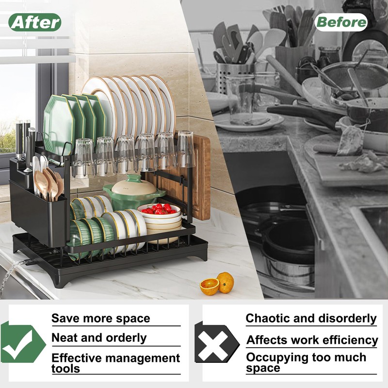 Dish Drying Rack 2 Tier,Space-Saving Dish Drainer with 360° Rotating