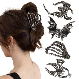 4PCS Halloween Spider Hair Clips Black Bat Skeleton Hand Skull Claw Clips for Women,Large Medium Size for Thick Thin Hair,Hiphop Metal Hair Accessories for Halloween Decor Party Gift