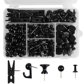 Push Pins Set, 200 Pcs Thumb Tacks Map Pins, Tacks, 5 Types Pushpins Thumbtacks for Cork Board Bulletin Boards Office Accessories (Black)