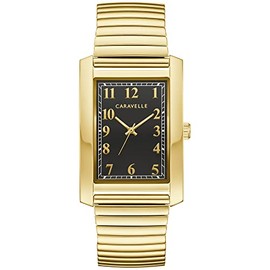 Caravelle by Bulova Men's Classic Dress 3-Hand Quartz Expansion Band Watch, Rectangle Case, Curved Mineral Crystal, Gold Tone/Black Dial