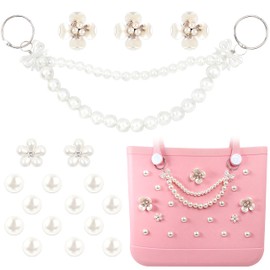Charms for Bogg Bag, Pearls Flowers & Pearls Bow Chain for Bogg Bag, Compatible with Simply Southern Beach Bag Totes Accessories Charms , Pearl Bag Insert for Beach Tote Bag Birthday Christmas Favors (18 Pcs)