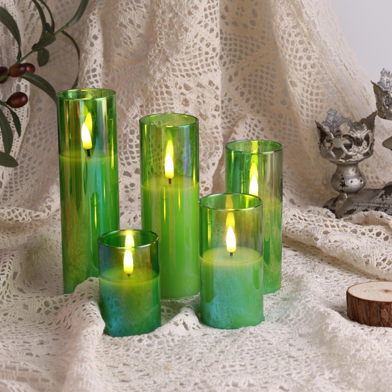 Eywamage Green Glass Flameless Candles with Remote Batteries, Flickering Slim