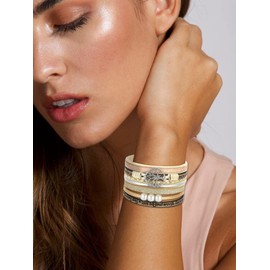 Leather Bracelets for Women with Multilayer Clasp Cuff Bangle Bracelet Boho Layered Bracelets Bohemian Wristband Jewelry Gift for Girls