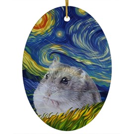 Whimsical Night Sky Russian Dwarf Hamster Christmas Ornament White Oval Ceramic - Impressionist Pet Portrait Memorial Keepsake Gifts for Hamster Lovers