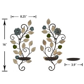JUCONSIN Wall Sconces Candle Holder Set of 2, Antique Multi-Color Leaf Branch Wall Mount Hanging Metal Wall Candle Holder Candle Sconce for Living Room Dining Room