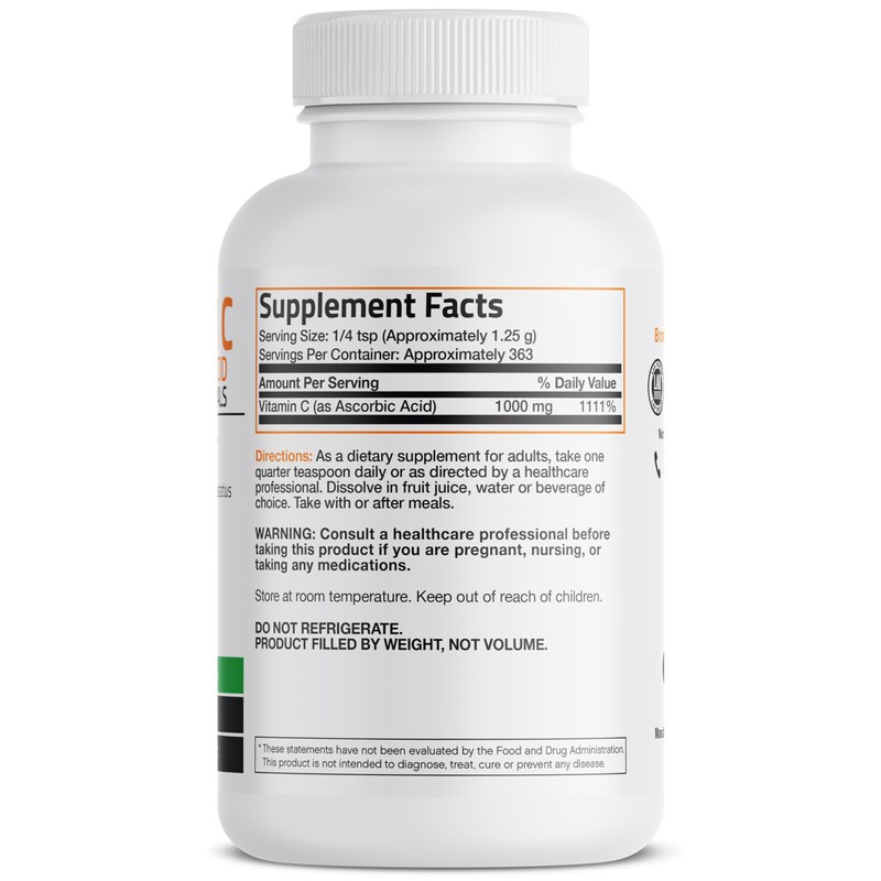 Bronson Vitamin C Powder Pure Ascorbic Acid Soluble Fine Non