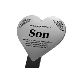 Son Heart Memorial Remembrance Plaque Stake - Metallic SILVER/GOLD Acrylic, Waterproof, Outdoor, Grave Marker, Tribute, Plant Marker. Shipped Globally. (Silver)