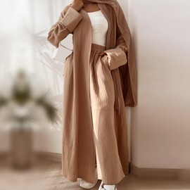 Muslim Dress For Woman Abaya Dress Casual Ramadan Eid Outfits Open Front Cardigan Robe Turkey Dubai Kaftan Dresses + Loose Pants Middle East Modest Islamic Outfits Outwear Khaki Cardigan + Pants M