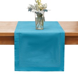 Table Runners Long with Hemstitched Natural Fabric Table Runner Rectangle Machine Washable 16" x 54" - Cyan Blue