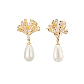 Sylph Pearl Drop Earring for Women Dangle Statement Earrings Faux Pearl Apricot Leaf Earrings Enamel CZ Stud Earring Bridal Wedding