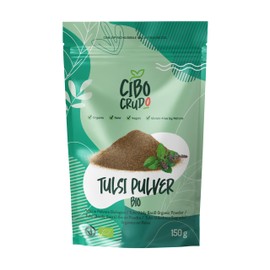 Organic Tulsi Powder - 150 g. Used for herbal teas and infusions. It has anti-inflammatory antimicrobial antioxidant and adaptogenic effects. Ocimum Tenuiflorum or Holy Basil.