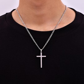 Fiusem Cross Necklace for Men, Stainless Steel Mens Cross Necklaces with 3.5mm Figaro Cross Chain, Silver Tone Medium Cross Chain Necklace, 24Inch