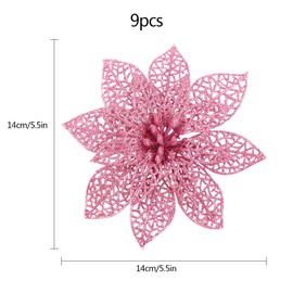 Christmas Poinsettia Flower, 9 Pcs Pink Glitter Christmas Tree Ornaments Artificial Flowers Decorative Floral for Xmas Wedding Party(14cm)