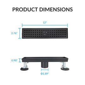 12 Inch Removable Cover Linear Shower Drain 304 Stainless Steel Rectangular Floor Drain for Kitchen Bathroom Square Hole Drain with Accessories Hair Strainer Adjustable Leveling Feet (Matte Black)