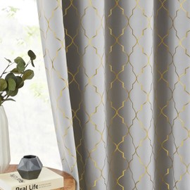 ZJDECOR Short Full Blackout Window Curtain Panels 63 Inch,Grey Room Darkening Drapes with Gold Geo Metallic Moroccan Pattern,Modern Grommet Window Treatment for Bedroom,52"Wx63"L(Pack of 2),Grey/Gold