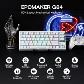 EPOMAKER G84 80% RGB Gaming Mechanical Keyboard, 2.4GHz/ Type-C/BT Wireless Keyboard, QMK/VIA Programmable, Hot-Swappable, NKRO, with Shine Through PBT Keycaps for Gamers (White, Creamy Jade Switch)