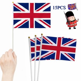 15Pcs Hand Held Britain Flag HandHeld Mini National Pennant Flag with White Pole, Countries International World Stick Flags for World Cup Sports Events Parades Bar School Football Party Decorations