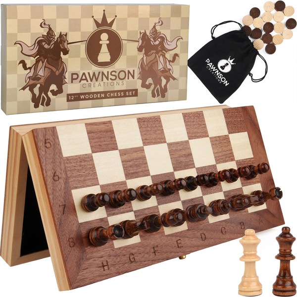 Magnetic Wooden Chess Checkers Set for Kids and Adults - 12 in Staunton Chess Set - Travel Portable Folding Chess Board Game Sets - Storage for Wood Pieces - 2 Extra Queens