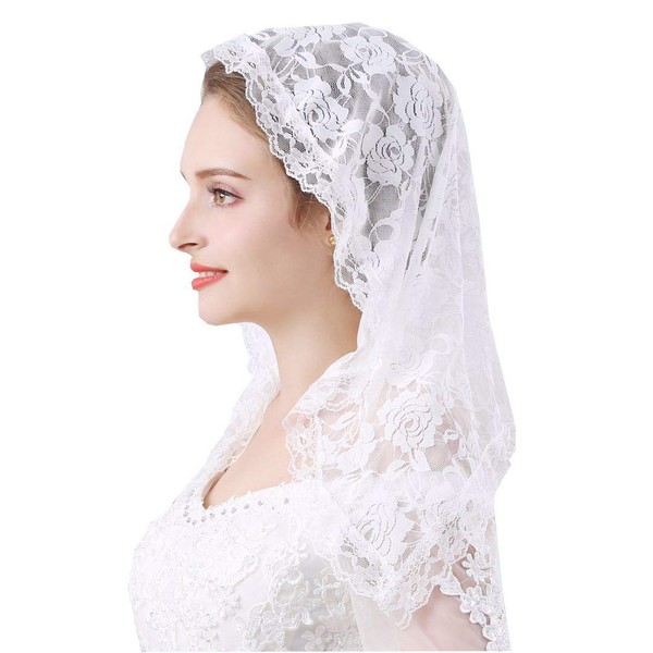 (White) - Lace Mantilla Veil Soft and comfortable 6 Colours Spanish Style Rose Lace Veil Head Covering D Shape
