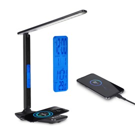 SIC LED Desk Lamp, Wireless Phone Charger and USB Port, 5 Brightness Levels, Foldable with Alarm Clock, Calendar, Temperature Display, Suitable for Children's Room, Office (Black)