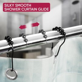 KEMSHIRE Black Shower Curtain Hooks Rust Proof (Set of 12) - Stainless Steel Shower Curtain Rings with Effortless Gliding Roller Balls - Easy to Install Shower Hooks