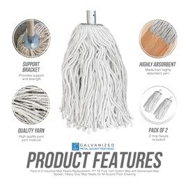 Pack of 2 Industrial Mop Heads Replacement, PY.16 Pure Yarn Cotton Mop with Galvanised Mop Socket, Heavy Duty Mop Heads for All-Around Floor Cleaning