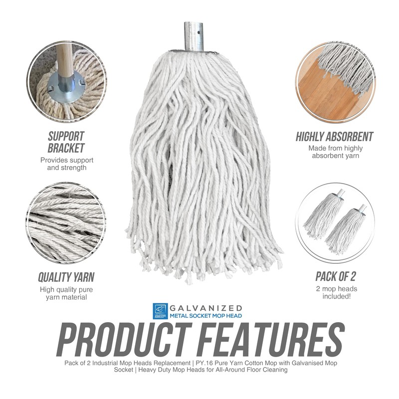Pack of 2 Industrial Mop Heads Replacement, PY.16 Pure Yarn