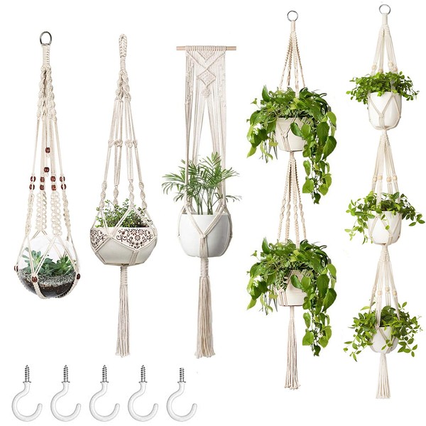 Mkono Macrame Plant Hangers, 5 Pack Different Tiers Indoor Hanging Planters Basket with 5 Hooks Decorative Flower Pots Holder Stand Boho Home Decor