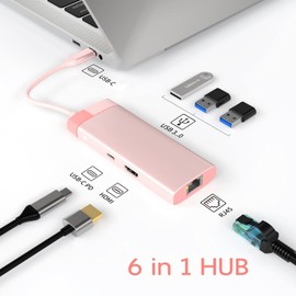 USB C Hub, USB C Adapter 6-in-1 with Gigabit RJ45 Ethernet, 3 x USB 3.0, 4K HDMI and 100W PD, Docking Station Compatible with MacBook Pro & Air USB C Laptops and Other Type C Devices, Pink