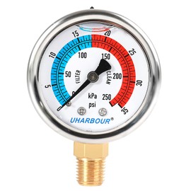 UHARBOUR Water Pressure Gauge,Glycerin Filled, 0-35 PSI/250KPA Test Gauge for The Irrigation, Pools; 2" Dial, 1/4" NPT Bottom Mount…