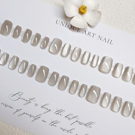 Press on Nails Short Ballet Shaped Spar Cat Eye False Nails Artificial Acrylic Nails Cat Eye Design French Fake Nails Full Cover Glossy Reusable Coffin Nails Glue on Nails for Women 24Pcs