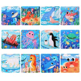 GRINNNIE Wooden Puzzle for Toddlers 2 3 4 Years Old, 12 PCS Jigsaw Ocean Animals Puzzles Preschool Learning Toys for Travel or Car, Birthday for Boys and Girls
