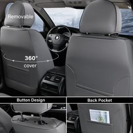 Coverado Car Seat Covers Full Set, 5 Piece Car Seat Protector with Lumbar Support & Removable Headrest, Breathable Leather Front Rear Seat Cushion Universal Fit for Truck Automotive Gray
