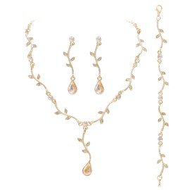Oriamour Gold Bridal Jewelry set Crystal Wedding Jewelry Champagne Rhinestone Necklace Earrings Bracelet Set For Women
