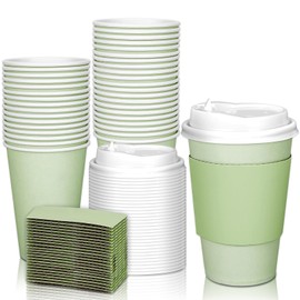 JarThenaAMCS 50Pcs Easter Mallard Duck Sage Green Disposable Coffee Cups with Lids and Sleeves 12oz Insulated To Go Paper Cups for Home Restaurant Travel Business Party Supplies