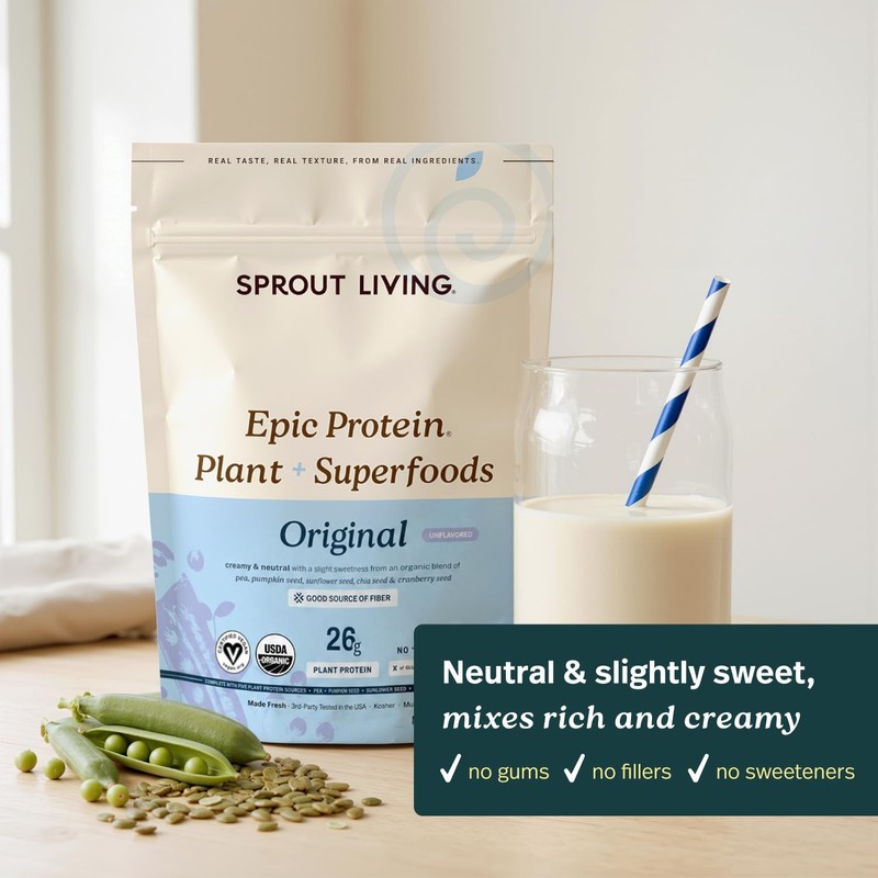 Sprout Living Epic Protein Powder, Original Flavor, Organic Plant Protein,