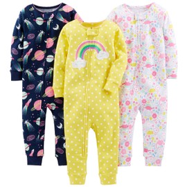Simple Joys by Carter's Baby Girls' 3-Pack Snug Fit Footless Cotton Pajamas, Dinosaur, Space, Rainbow, 24 Months